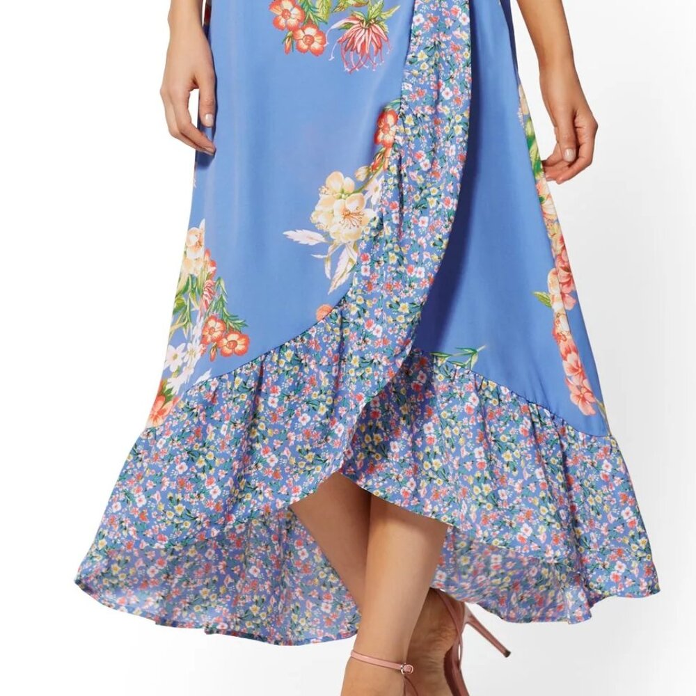 New York & Company Blue Floral High-Low Wrap Dress - Picture 3 of 3